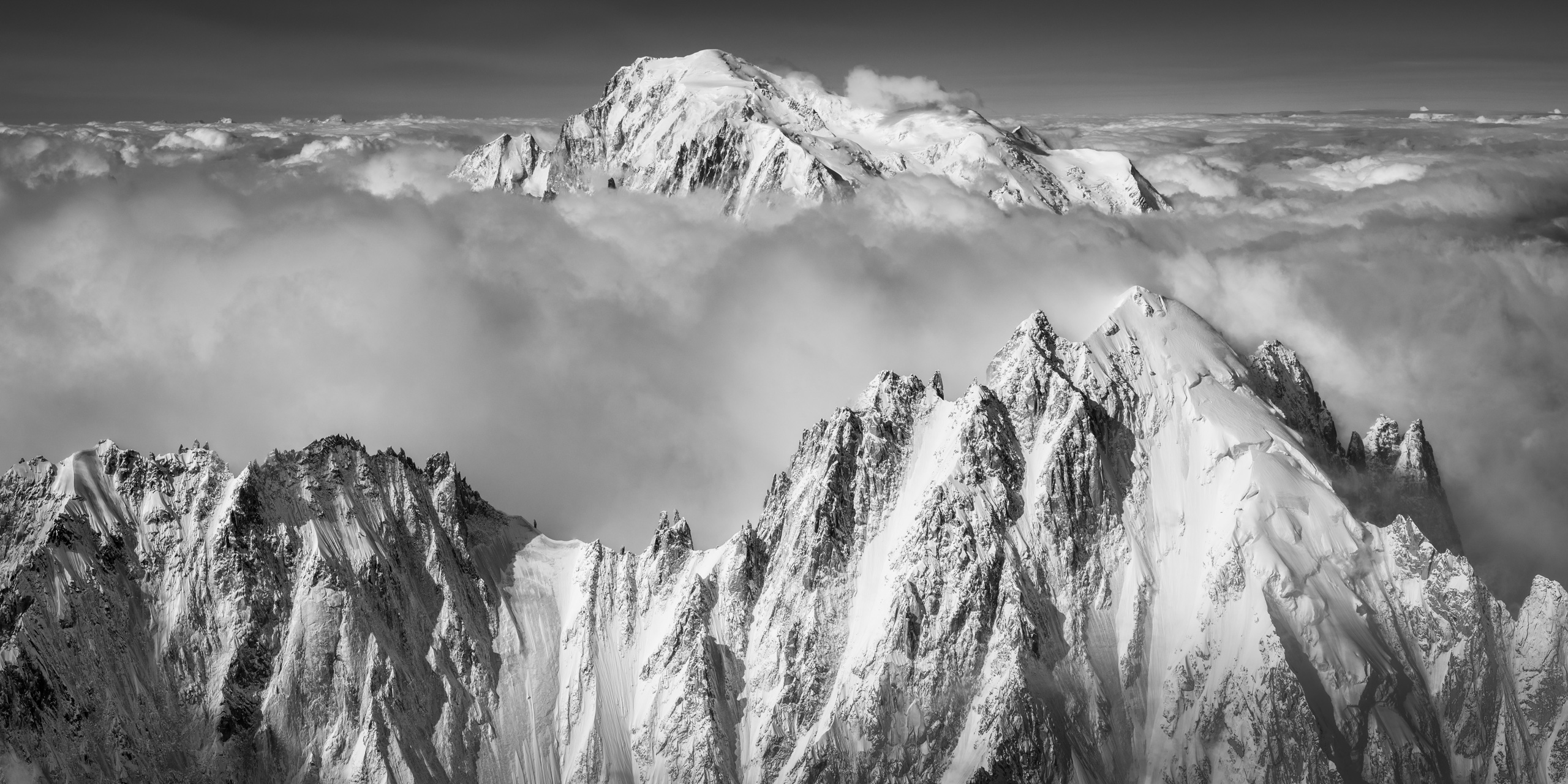 Aiguille Verte and Mont-Blanc - black and white Chamonix panoramic picture of mont blanc - normal route