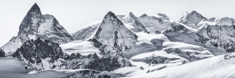 Panorama of snow-covered mountains in the Valais Alps seen from Cheillon in the Val d&#039;Hérens