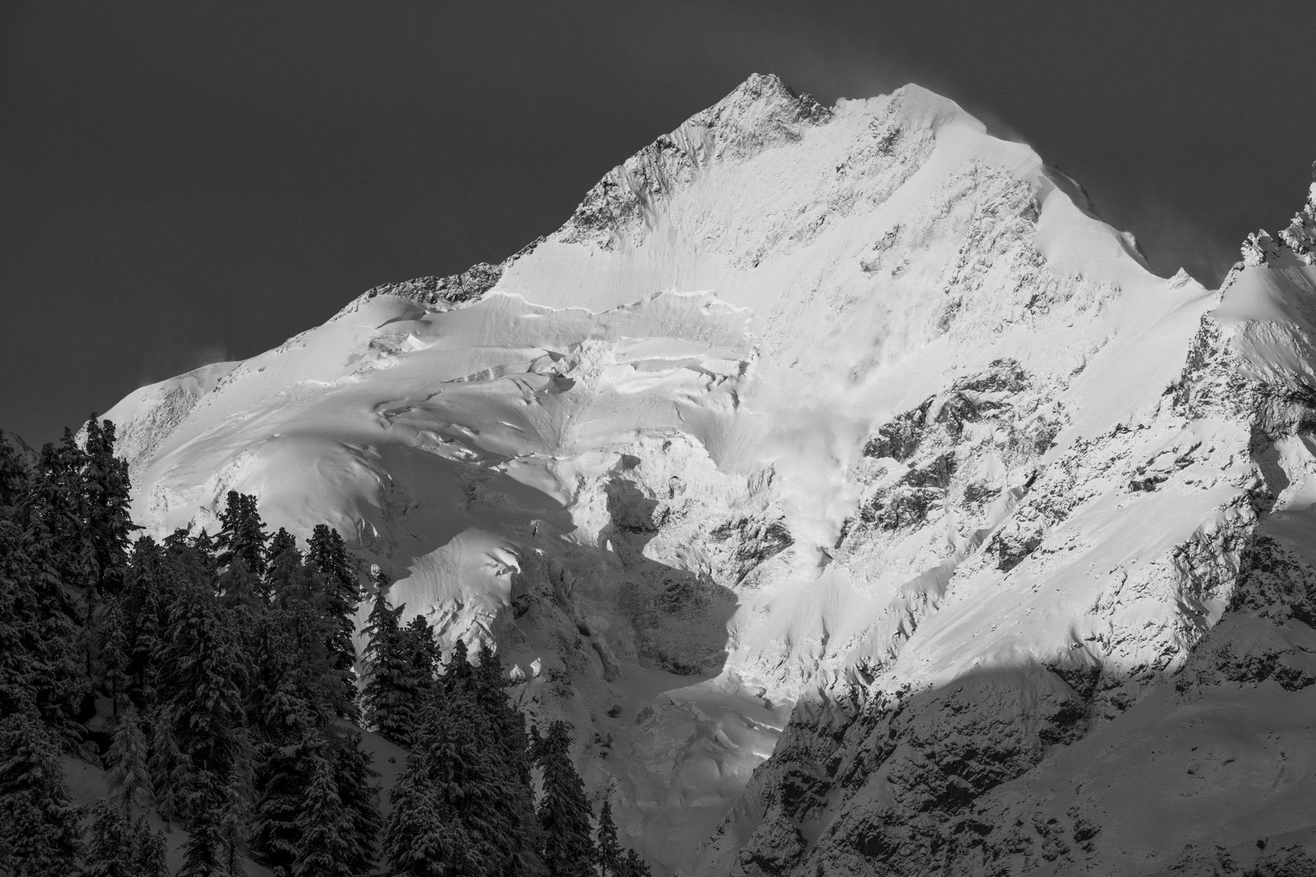 Bernina mountain landscape black and white - avalanche swiss alps