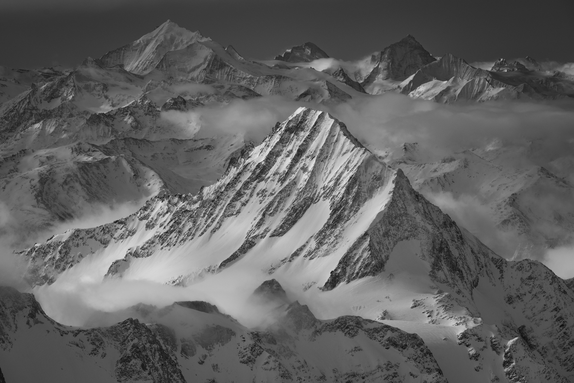 black and white mountain landscape photo - Bietschhorn - Weisshorn - The Dent d'Herens - The Dent Blanche - Grand Cornier