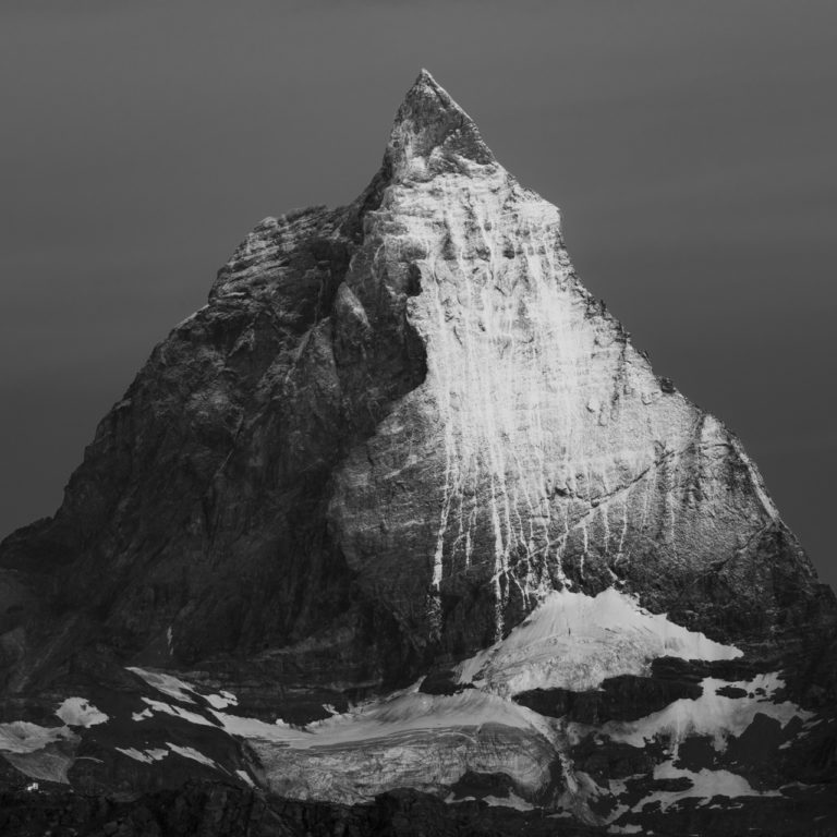 Photo Matterhorn East Face- Black and white photo of a mountain thunderstorm at Zermatt in the Swiss Valais Alps