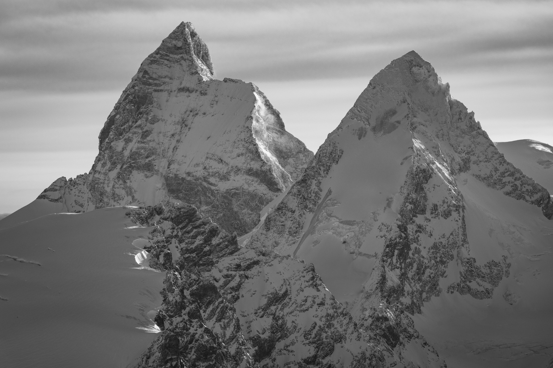 The Matterhorn Zermatt  - Black and white image of a Swiss mountain peak in the Alps