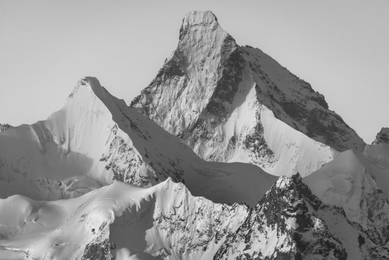 Matterhorn Anniviers valley - black and white mountain photo of the summit snow-coveredObergabelhorn