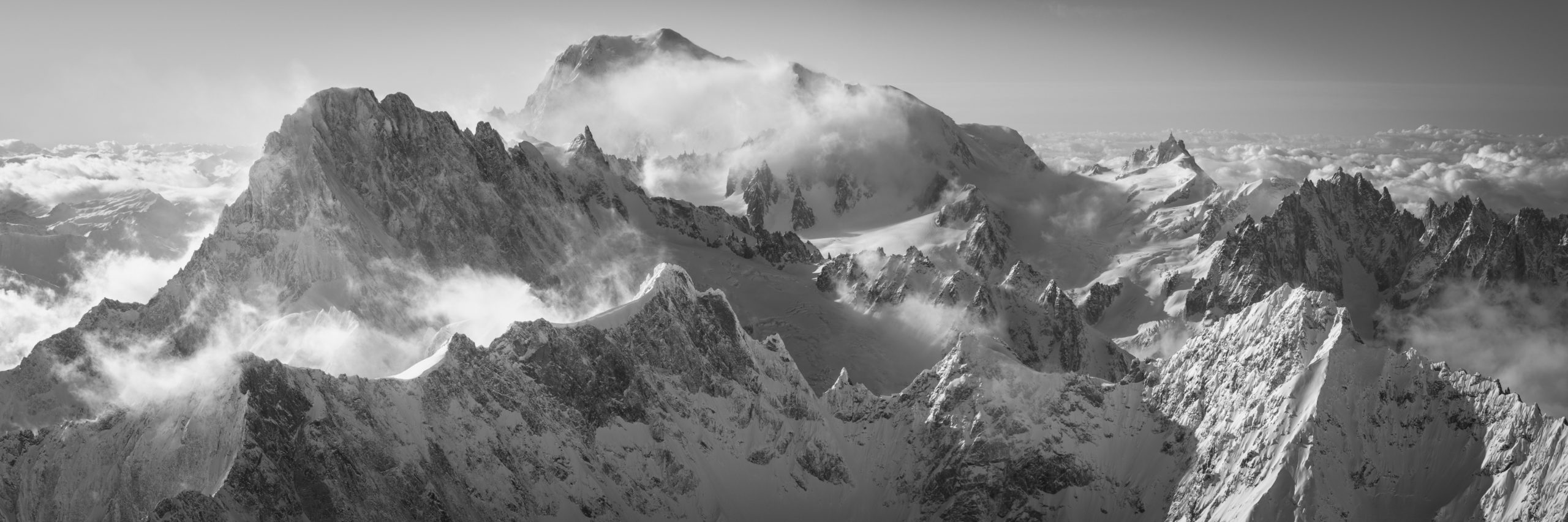 Panoramic black and white view of Chamonix - black and white Panoramic photo of the Mont Blanc massif - Grandes Jorasses, the Dent du Géant