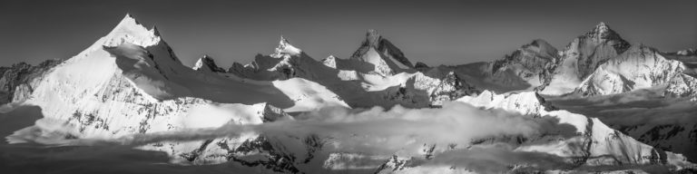 Black and white panoramic mountain image of the Imperial Crown of Zinal