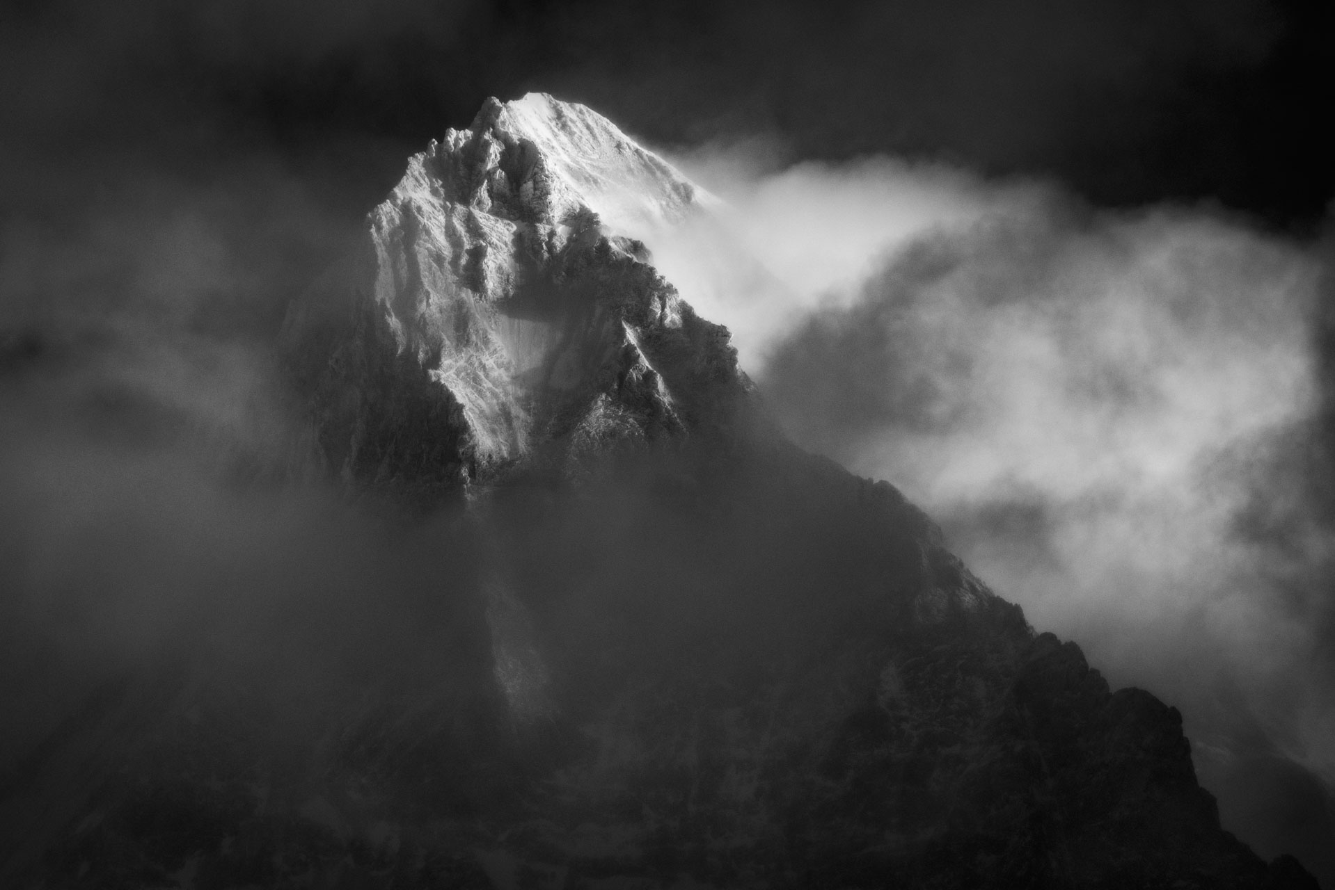 Black and white mountain image - Dent Blanche seen from de val d'Hérens