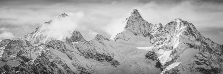 Black and white mountain panorama of Zermatt Swiss mountains in the Valais Alps