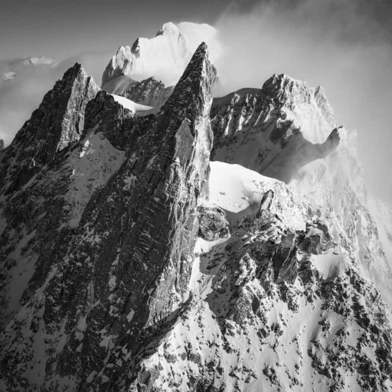 The Dent du Géant - Black and white mont blanc massif photography and peack of the Grandes Jorasses in the Swiss Alps