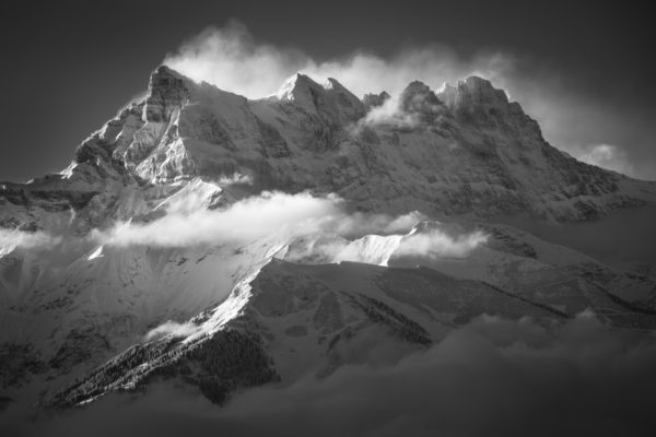 Sunrise on the Dent du Midi mountain - Black and white photo of the sun in the mountains in the vaud alps and doors of the sun - mountain photo - large format mountain photo - frame black and white mountain photo - mountain photo alpes