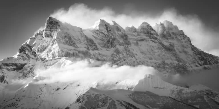 black and white panoramic image of the Swiss mountains of Dents du Midi