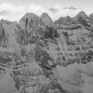 black and white swiss alps panorama of the dents du midi, summit peaks of the Alps