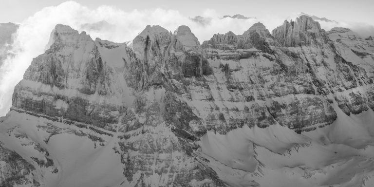 black and white swiss alps panorama of the dents du midi, summit peaks of the Alps