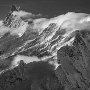 Finsteraarhorn - black and white mountain glacier photo in bernese alps of Switzerland