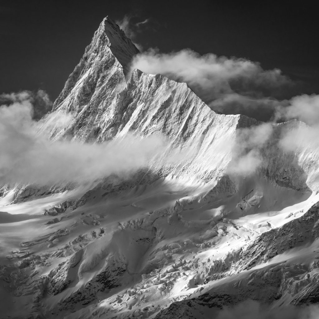 Finsteraarhorn - Black and white image of bernese alps and mountain glacier of Switzerland