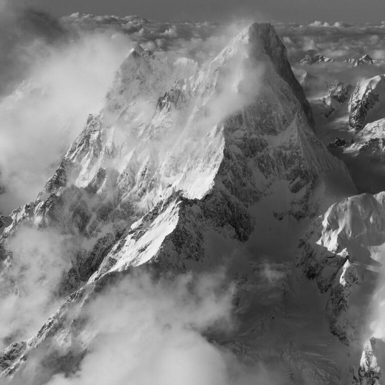 Grandes Jorasses - Black and white aerial photo of a Swiss mountain by helicopter in the Grandes Jorasses