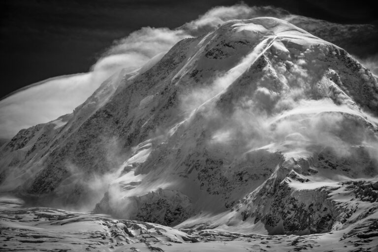 Lyskamm - monte rosa hut hiking - monte rosa hut zermatt in black and white