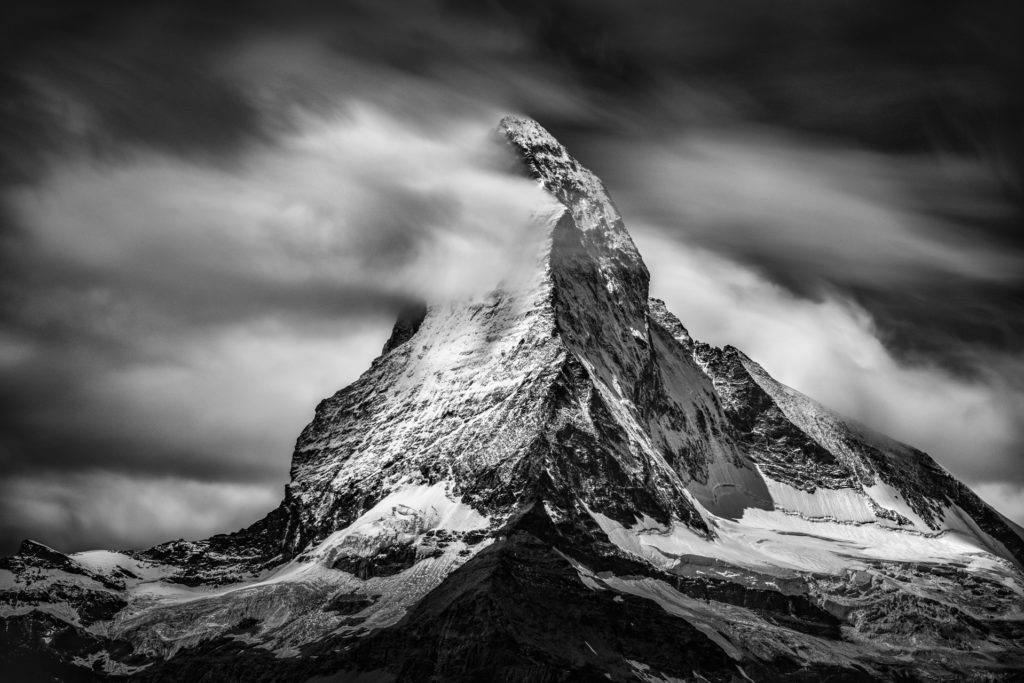 black and white mountain photo - Matterhorn photography - Swiss Valais photo - The Matterhorn - zermatt Matterhorn