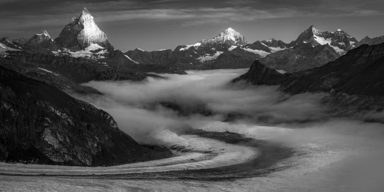 panoramic photo of Swiss mountains at Zermatt  - monte rosa hut panorama