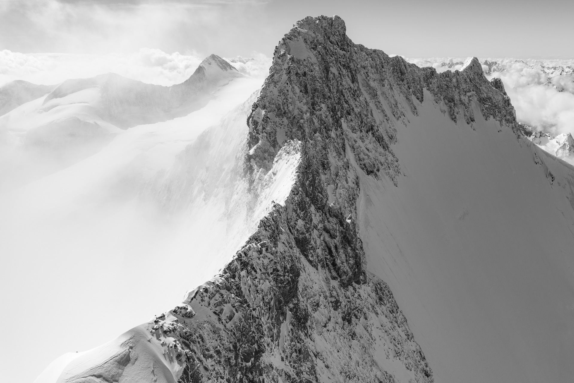 Black and white aerial view of mountains - Piz Bernina in Engadine