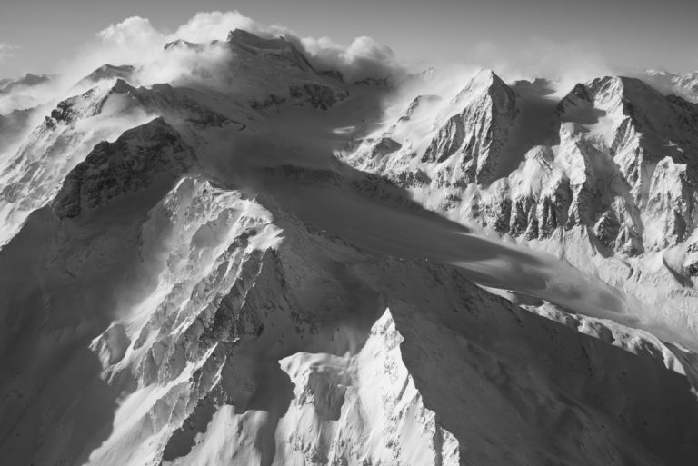 Vallée des Combins - image of mountain sunrise and mountain landscape black and white - mountain range of the Swiss Alps