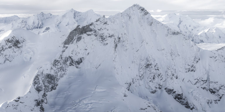 Alpine mountain images - Panoramic mountain photo in black and white of the Dom des Mischabels, Weisshorn and Val d&#039;Anniviers