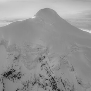 Black and white photograph of the Weissmies, north face with hanging glaciers, Saas-Fee in the Valais Alps, Switzerland