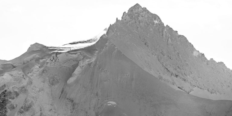 Black and white panoramic view of Zinalrothorn Crans Montana mountain peak in the Valais Alps of Switzerland