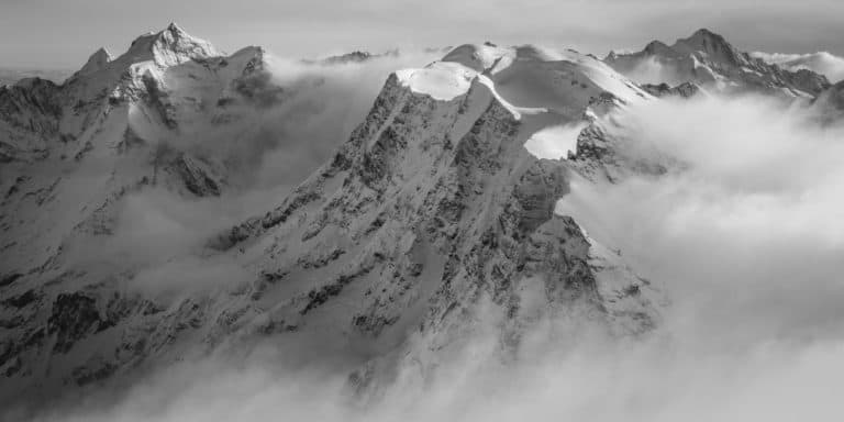 bernese alps panorama - black and white panoramic photo of the Swiss mountains