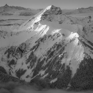 Photograph of the Mont de Grange. Sunrise on the Mont de Grange in winter. Photo Châtel in winter.