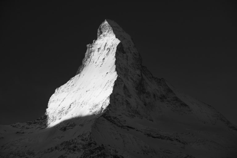 Black and white photograph of the Matterhorn - Matterhorn North Face - Matterhorn East Face - Matterhorn Light