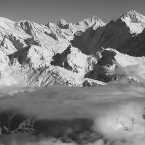 Black and white panorama picture of Leukerbad - Panoramic picture of bernese alps. View on the slopes of Leukerbad(Torrenthorn) - Leukerbad ski