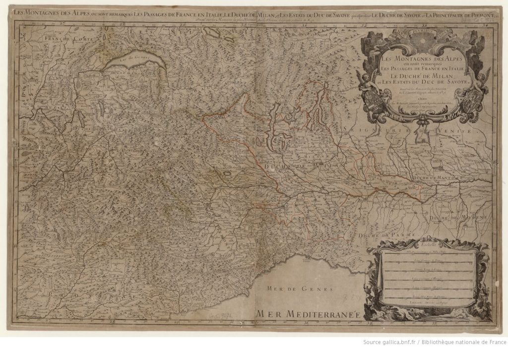 « Les Montagnes des Alpes où sont remarqués les passages de France en Italie, le duché de Milan et les estats du duc de Savoye » de Nicolas Sanson (1676)