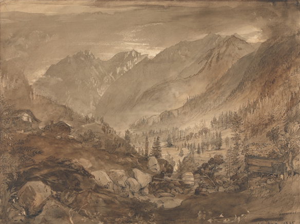 John Ruskin, Macugnaga, 1845, lavis gris et brun sur encre brune, 29,8 x 40,5 cm, Yale Center for British Art.