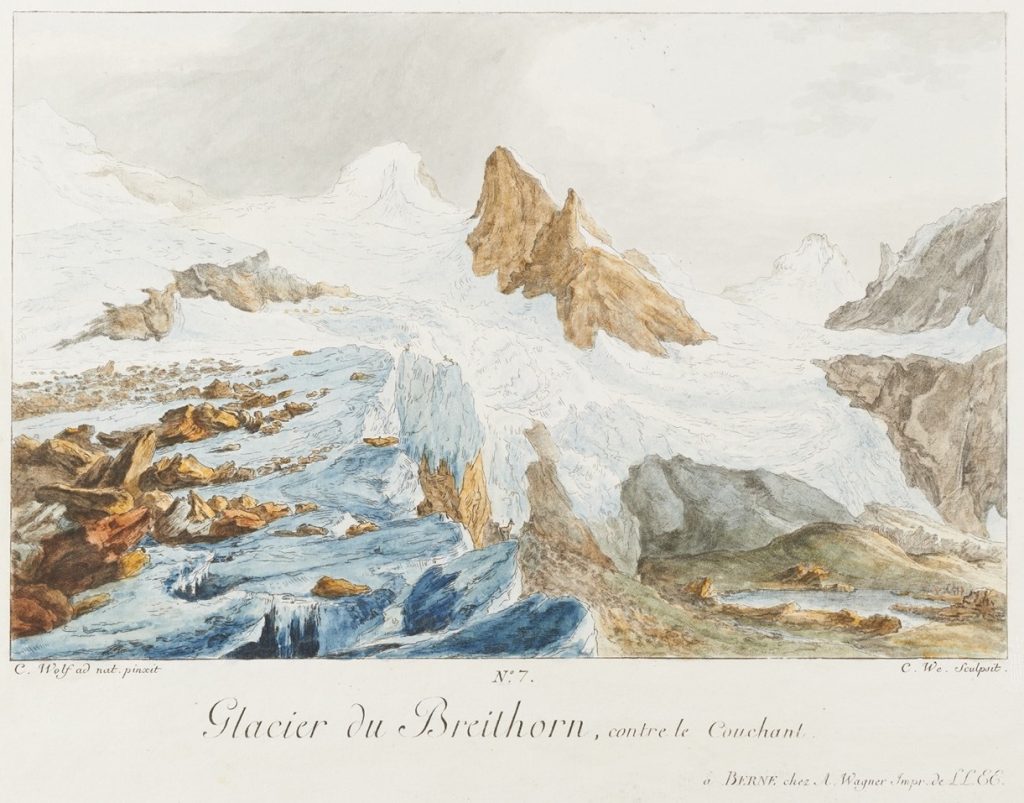 Wyss after Caspar Wolf, Glacier du Breithorn against the sunset, 1777, hand watercolored engraving, 7th plate of the Remarkable Views of the Mountains of Switzerland. 