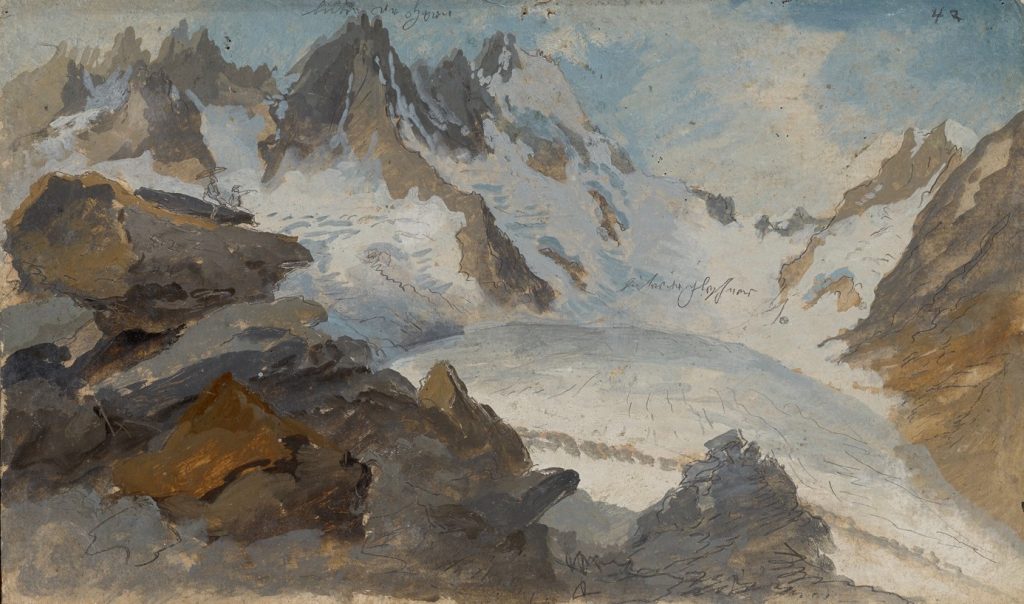 Caspar Wolf, Étude pour Lauteraargletscher mit Blick auf den Lauteraarsattel, crayon et huile sur carton, 21,8 x 36,5 cm, collection particulière.