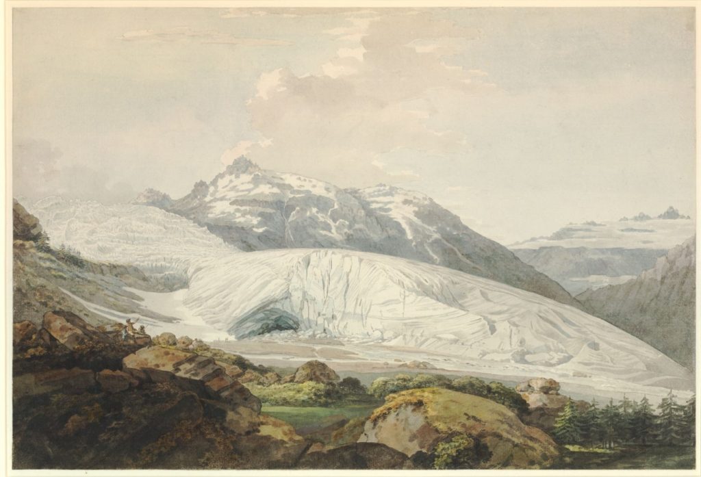 William Pars, Le glacier du Rhône et la source du Rhône, entre 1770 et 1771, aquarelle et encre de Chine, 33 x 48,4 cm, Londres, British Museum.