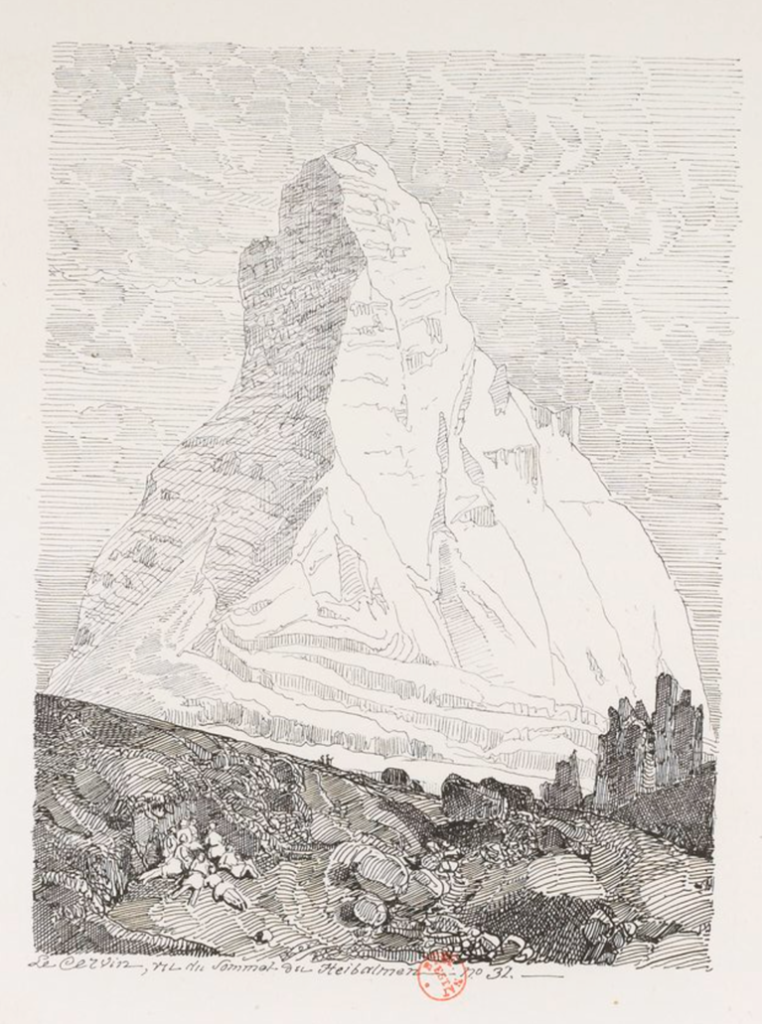 Rodolphe Töpffer, Le Cervin, vu du sommet du Heibalmen, lithographie parue en 1843 dans Voyage autour du Mont Blanc dans les vallées d’Hérens, de Zermatt et au Grimsel.