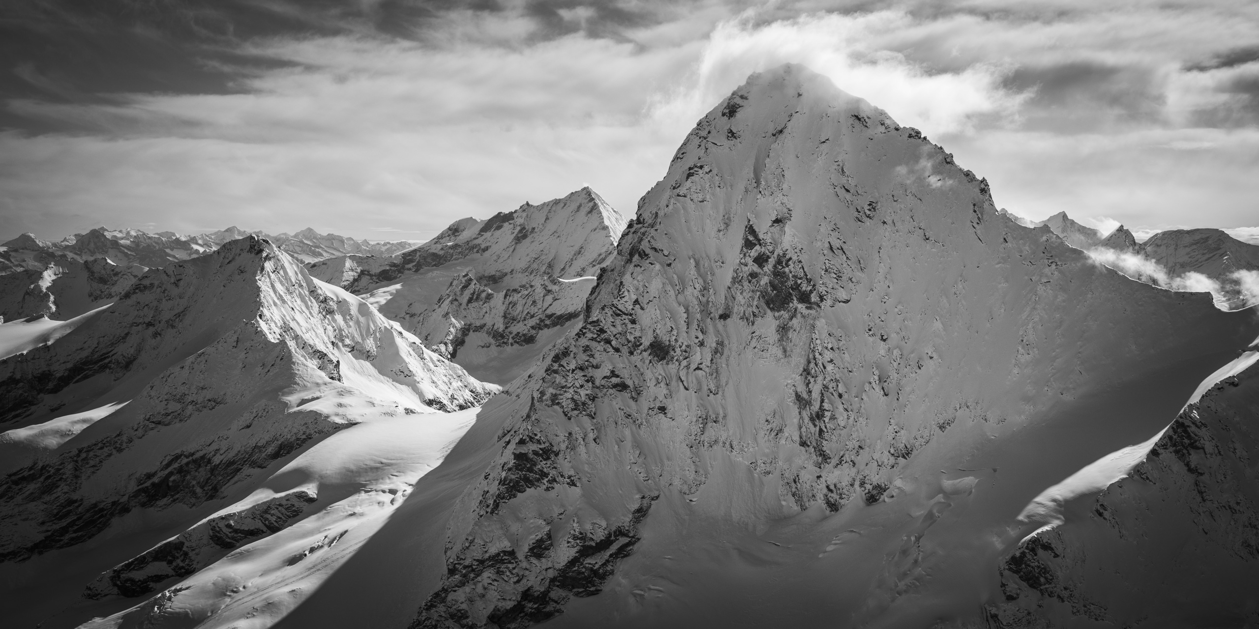 black and white mountain landscape photo - swiss alps val d'hérens - panoramic alps photo