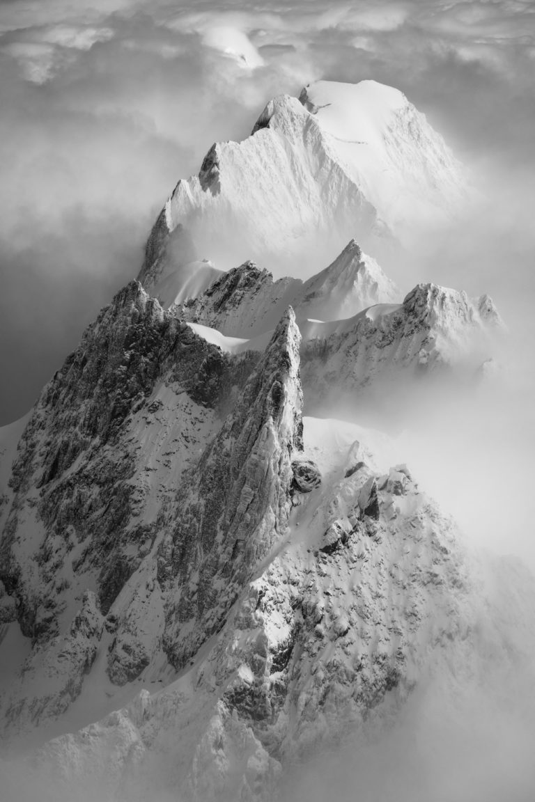 black and white mountain photo - mountain in winter - snowy mountain photo - dent du géant - grandes jorasses