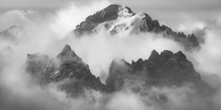black and white mountain photo dome des écrins