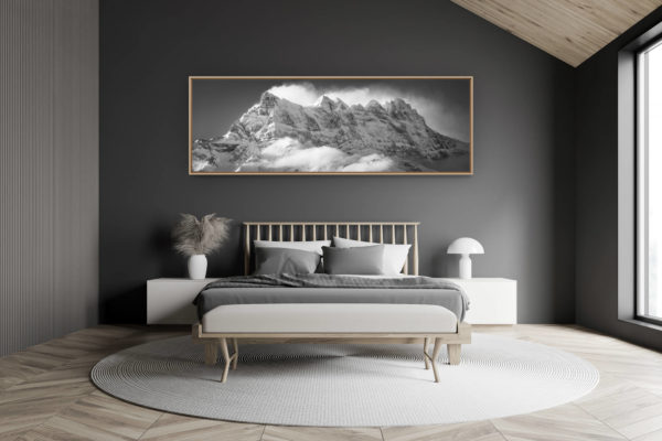 décoration chambre adulte moderne dans petit chalet suisse- photo montagne grand format - Panorama de montagne enneigée de la Dent Blanche en noir et blanc lors d'un lever de soleil sur ce massif des Alpes en Suisse