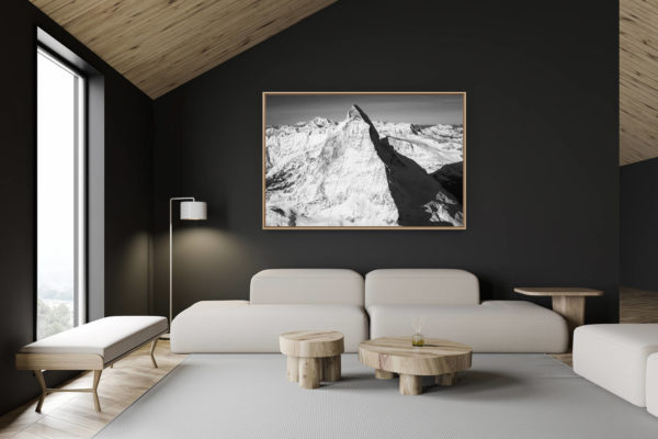 décoration chalet suisse - intérieur chalet suisse - photo montagne grand format - Cervin face est - photo noir et blanc du mont Cervin et de la montagne ensoleillée - arrête suisse du Hornli