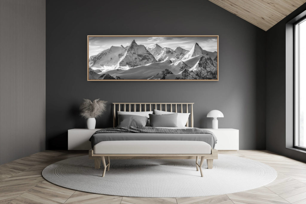 décoration chambre adulte moderne dans petit chalet suisse- photo montagne grand format - Tableau panorama paysage montagne -