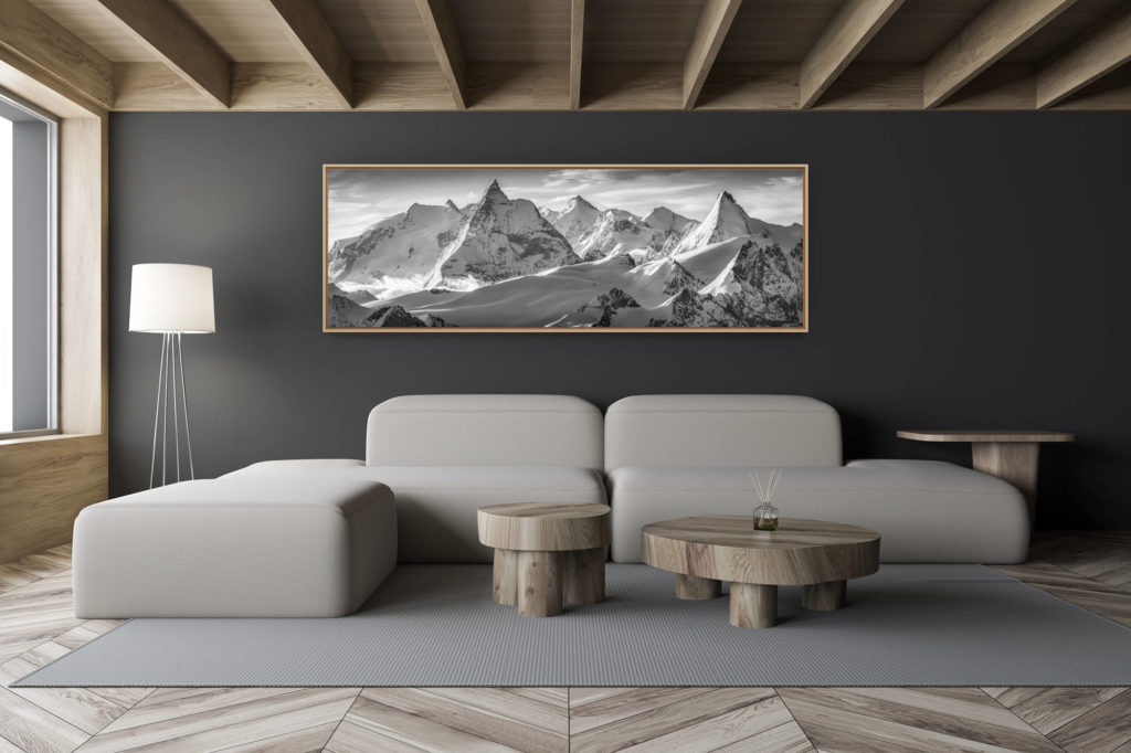 décoration salon chalet moderne - intérieur petit chalet suisse - photo montagne noir et blanc grand format - Tableau panorama paysage montagne -