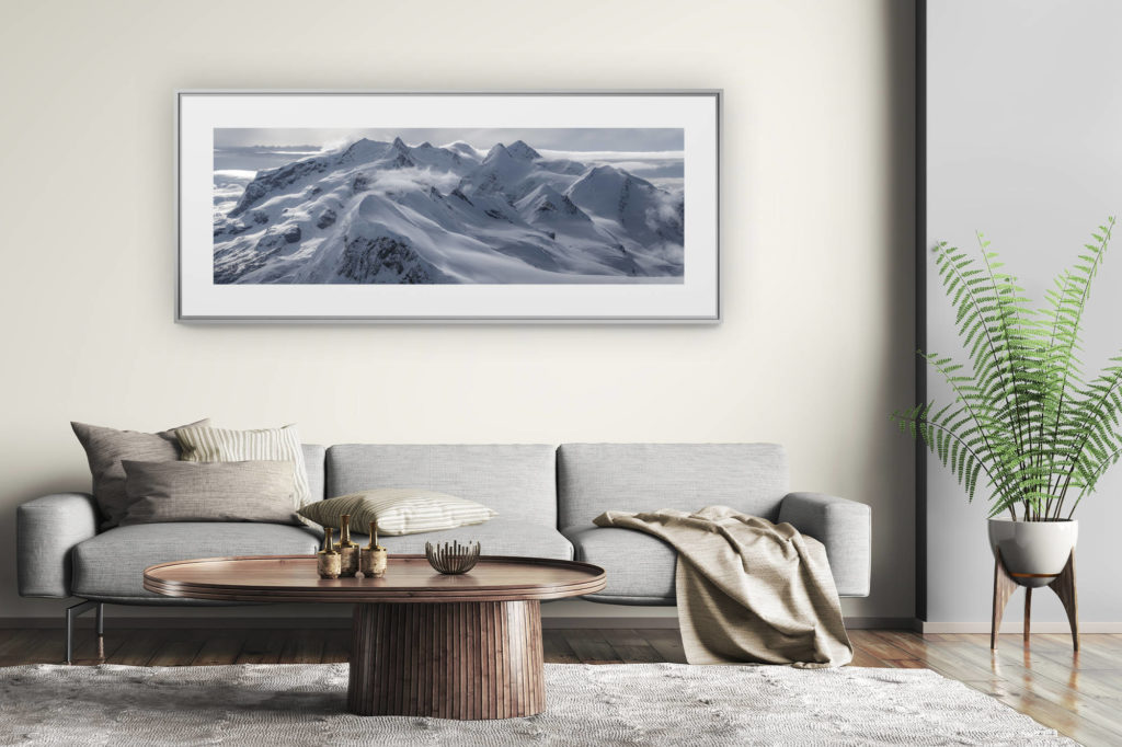 tableau montagne grand format - décoration murale salon moderne - Massif du mont rose Monte Rosa - poster panoramique montagne noir et blanc - Breithorn, Castor, Pollux et Lyskamm