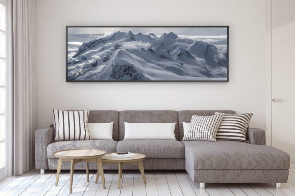 décoration murale design salon moderne - photo montagne grand format - Massif du mont rose Monte Rosa - poster panoramique montagne noir et blanc - Breithorn, Castor, Pollux et Lyskamm