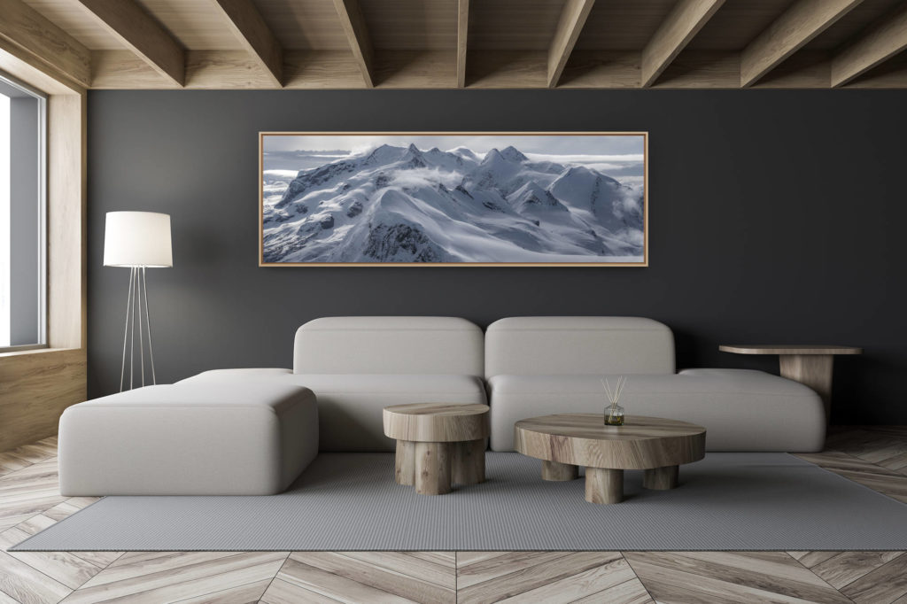 décoration salon chalet moderne - intérieur petit chalet suisse - photo montagne noir et blanc grand format - Massif du mont rose Monte Rosa - poster panoramique montagne noir et blanc - Breithorn, Castor, Pollux et Lyskamm