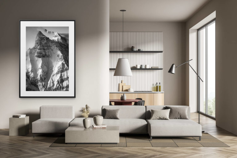 déco tendance salon moderne - photo montagne noir et blanc grand format - 7 Peaks - photos montagnes suisses et des Hautes Alpes Vaudoises en noir et blanc