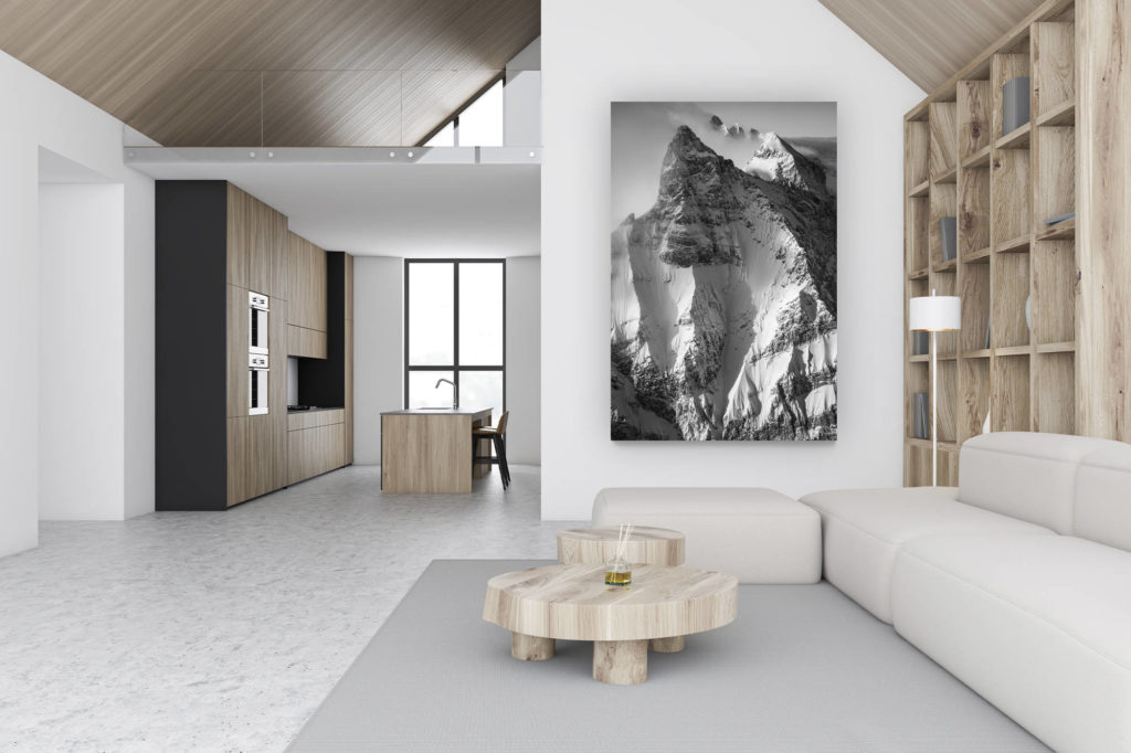 décoration chalet luxueux suisse - photo montagne grand format verticale - décoration murale design - 7 Peaks - photos montagnes suisses et des Hautes Alpes Vaudoises en noir et blanc