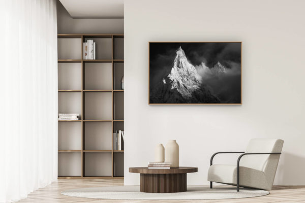 modern apartment decoration - art deco design - black and white mountain photo aiguille du midi - Aiguille de Blaitière - Aiguille des Ciseaux - Aiguille du Fou